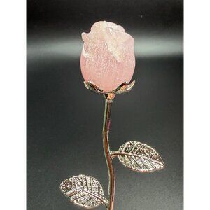 Hand Carved Rose Quartz Flower Pink Stone Healing Crystal Silver Tone Stem 6"